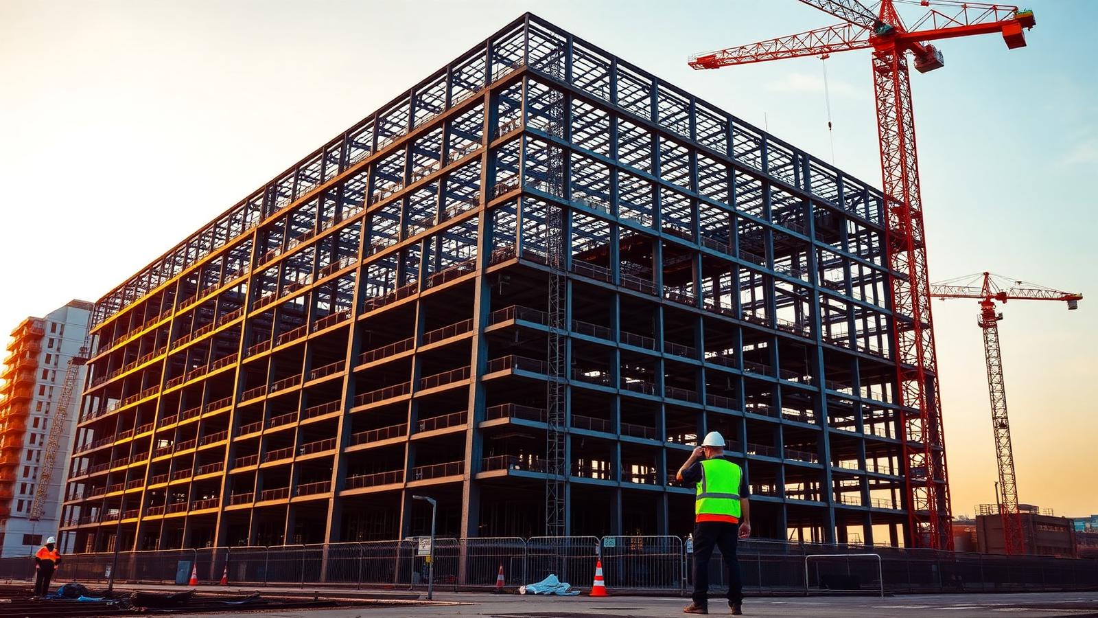 Steel-frame commercial building under construction at golden hour with cranes overhead