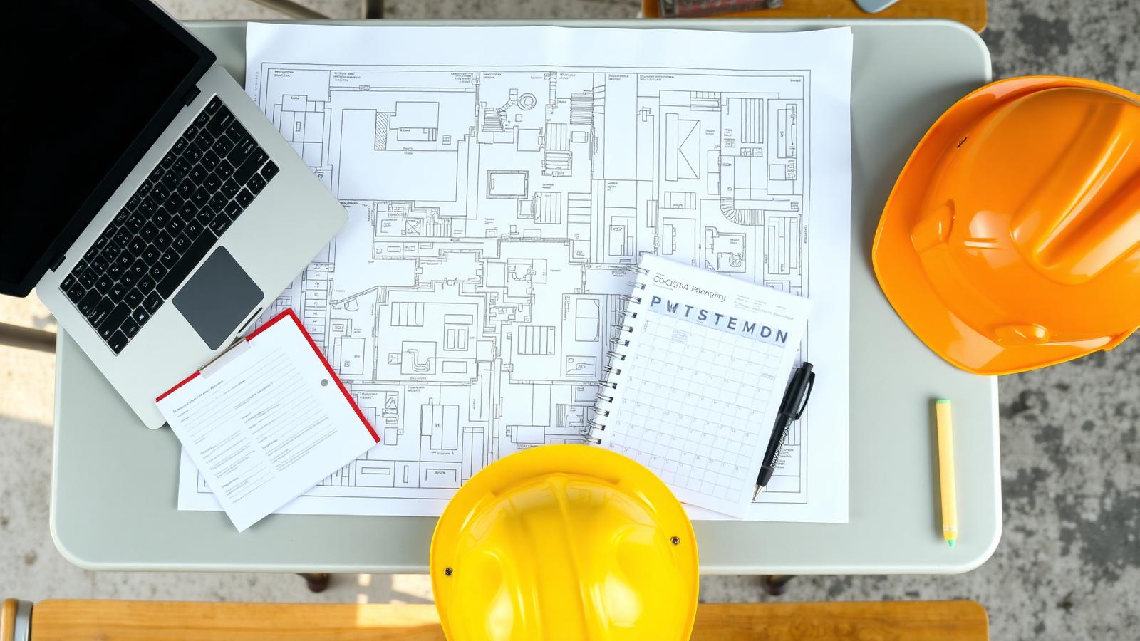 Overhead view of architectural blueprints, calendar, hard hat, and laptop on a construction planning table