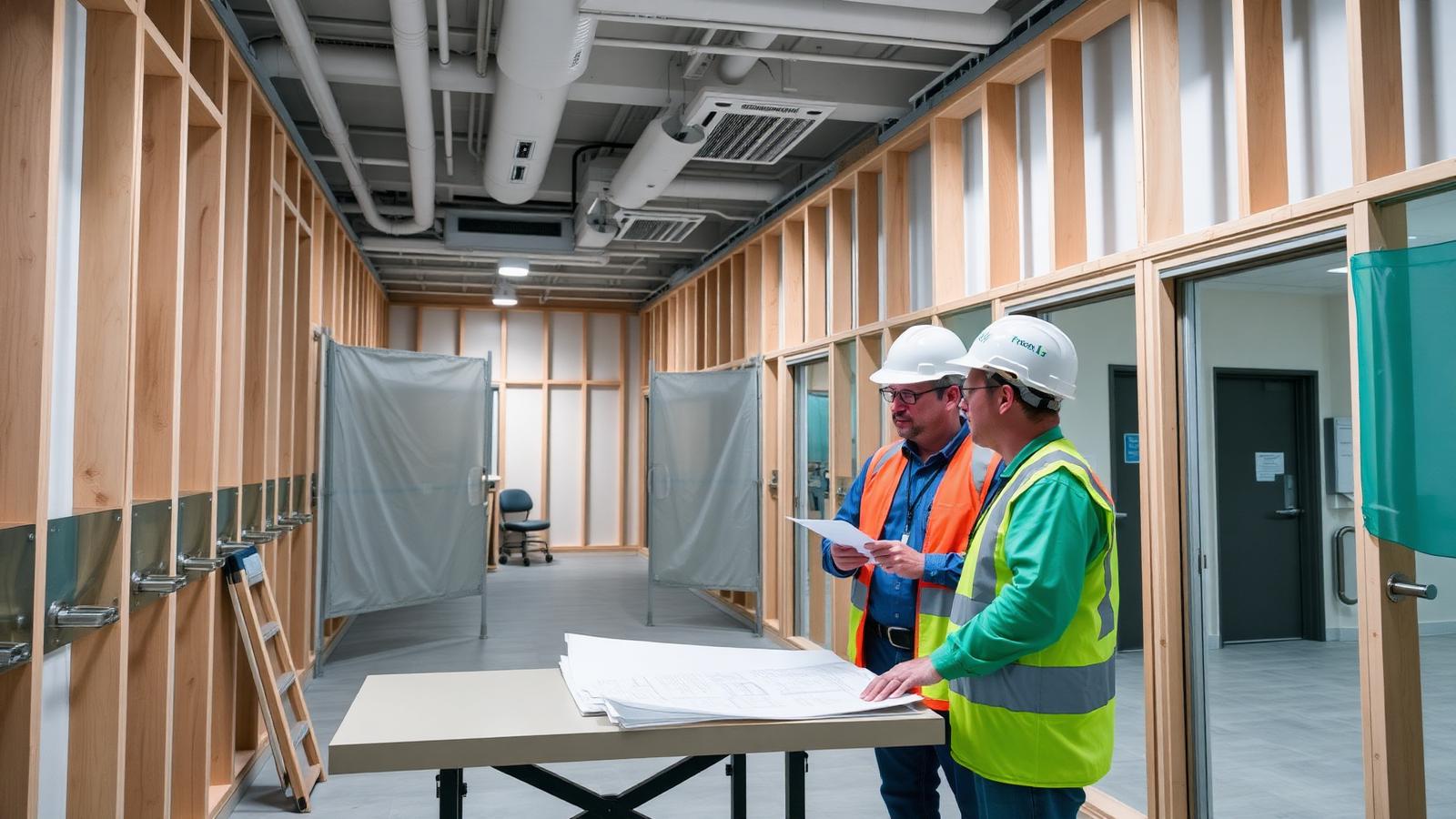 Two project managers in PPE reviewing healthcare construction plans inside a hospital renovation with infection control barriers