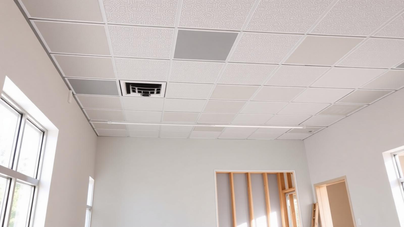 Medical office tenant improvement under construction with exposed ceiling grid and exam room framing