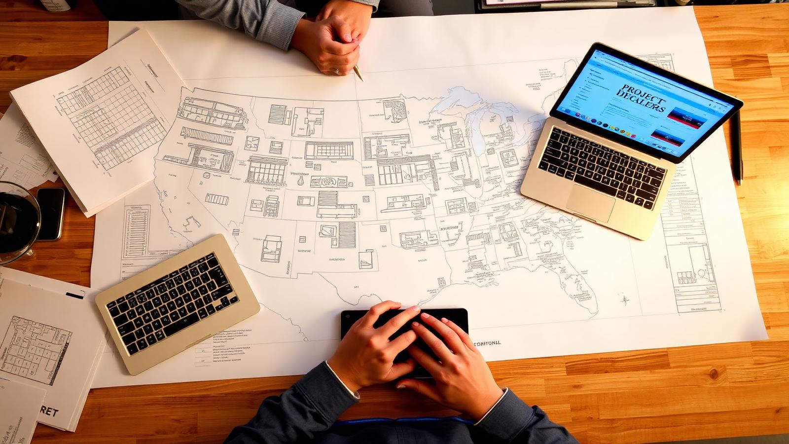 Project manager reviewing multiple retail storefront blueprints spread across a US map with a project tracker on a laptop