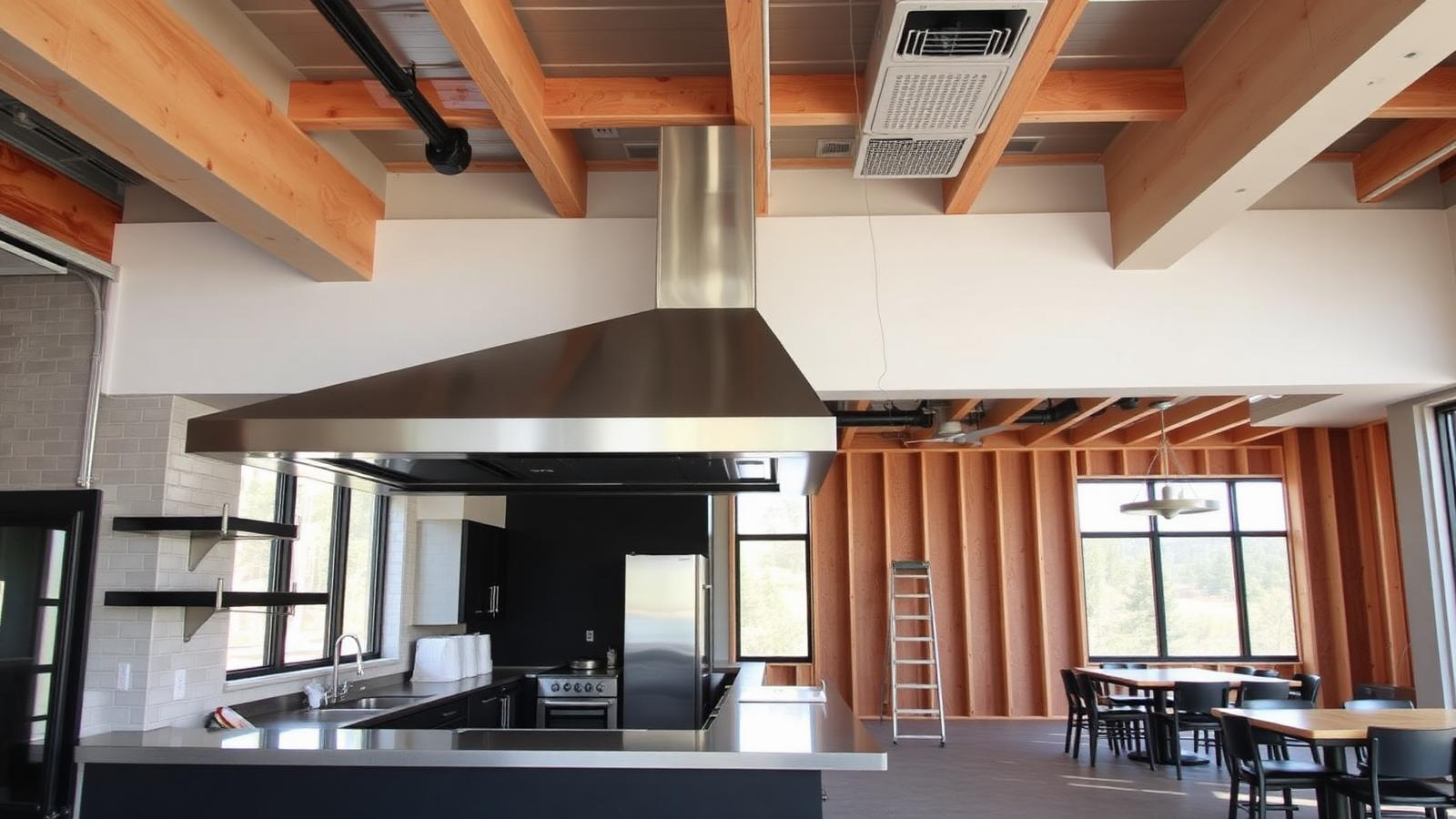 Modern restaurant under construction with stainless commercial kitchen hood install and dining area framing