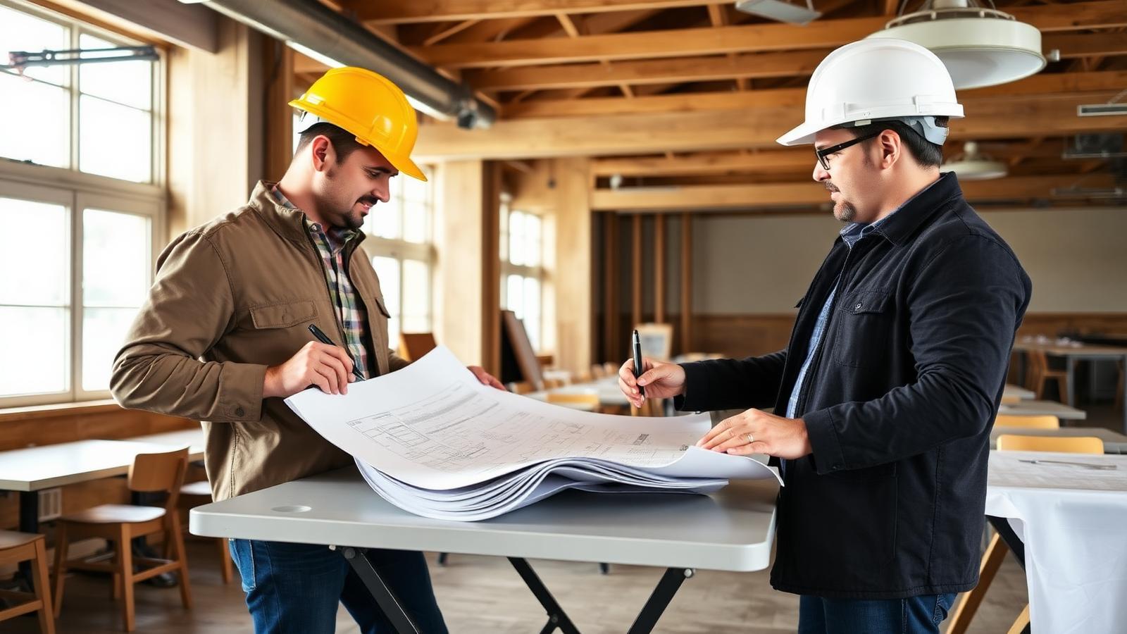 Restaurant owner and general contractor reviewing construction plans on a folding table inside a restaurant under construction