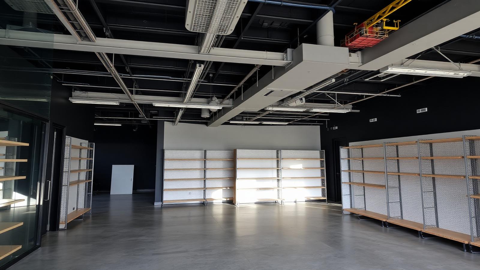 Retail store interior buildout in progress with polished concrete floor, exposed ceiling, and partial shelving installation